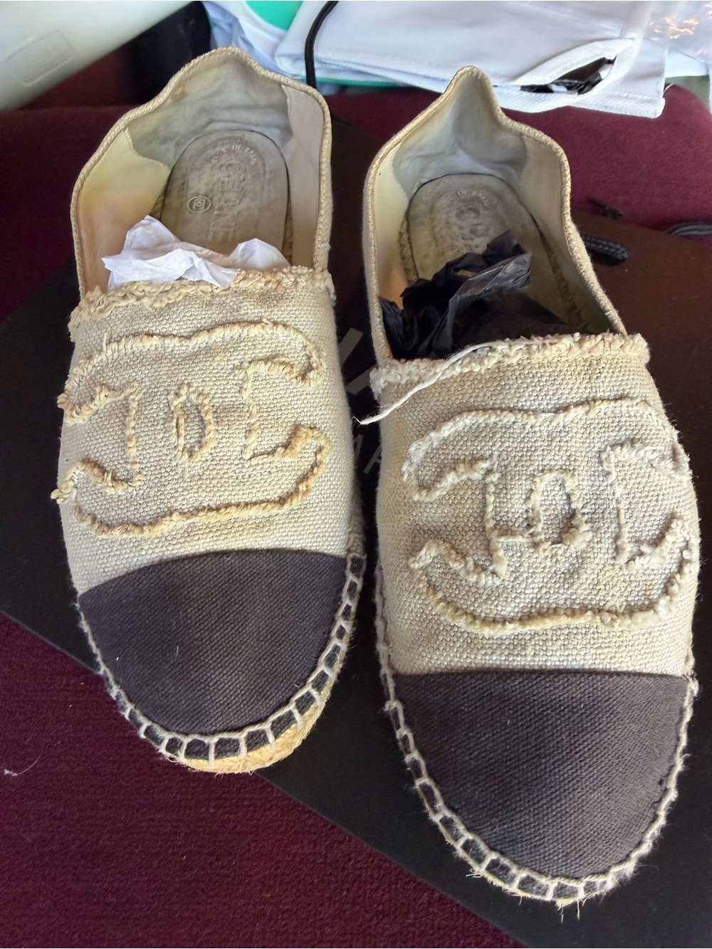 CHANEL Beige Cream and Black Canvas Espadrilles